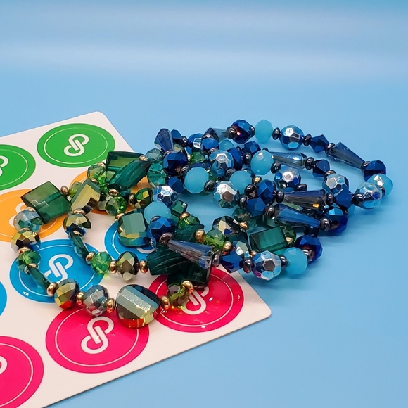 Lot of 6 Stretchy Blue green iridescent crystal beaded Faux Gemstones Bracelets - Picture 9 of 9